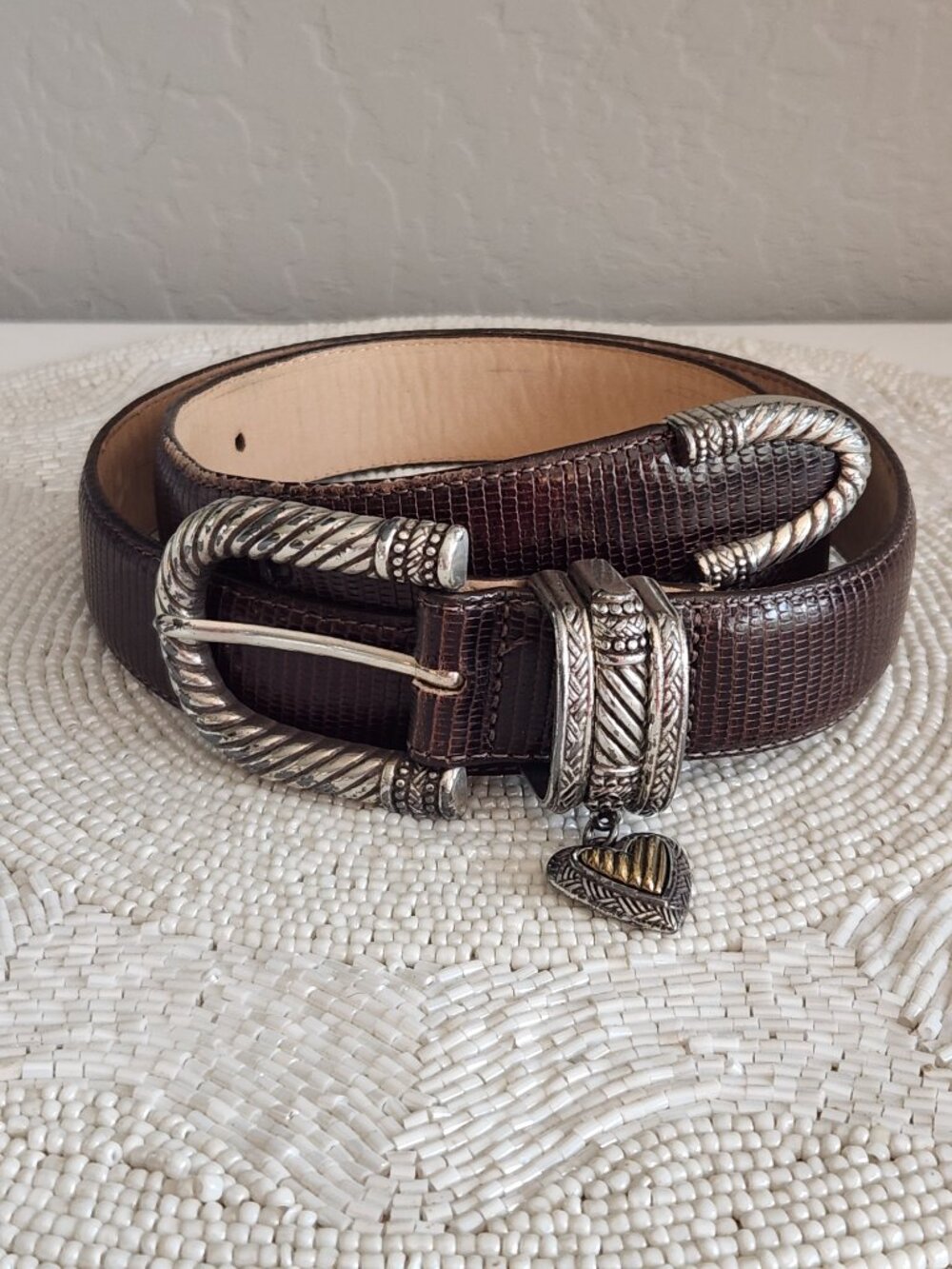 Brighton Brown Leather Belt with Silver Hardware and dual tone HEART | Large